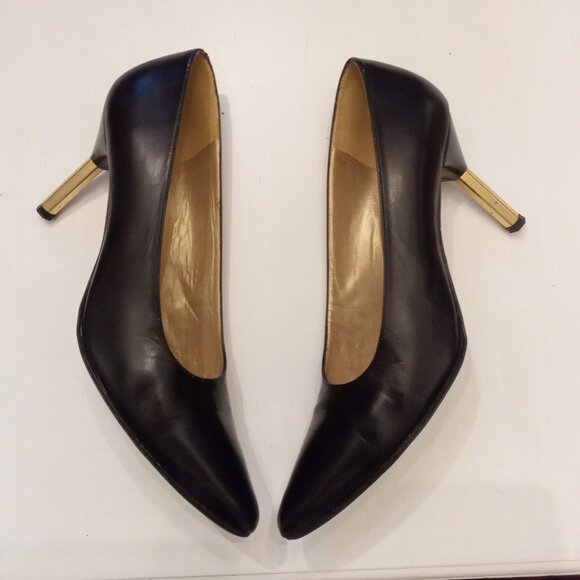 STUART WEITZMAN Black LEATHER Pumps 9 AAA VTG Hexagon High Heel Stiletto Shoes - Picture 1 of 14